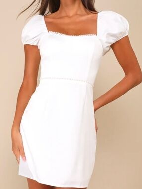 Lulus XL Adorable Poise White Pearl Puff Sleeve Mini Dress, Size XL, NWT Bridal